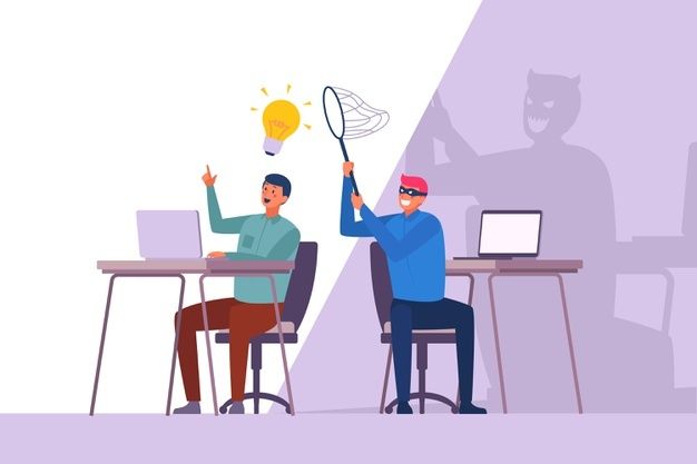 A masked person stealing another person’s idea represented by a glowing light bulb, symbolizing intellectual property theft.