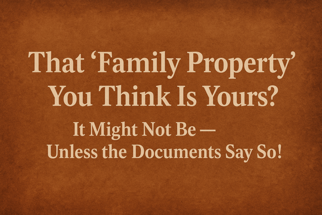 Text-based graphic on a vintage brown parchment background reading: “That ‘Family Property’ You Think Is Yours? It Might Not Be — Unless the Documents Say So!” in bold serif font, centered for clarity and emphasis.