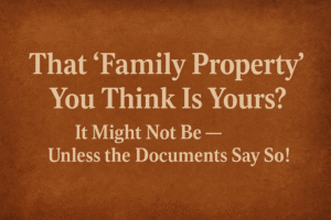 Text-based graphic on a vintage brown parchment background reading: “That ‘Family Property’ You Think Is Yours? It Might Not Be — Unless the Documents Say So!” in bold serif font, centered for clarity and emphasis.
