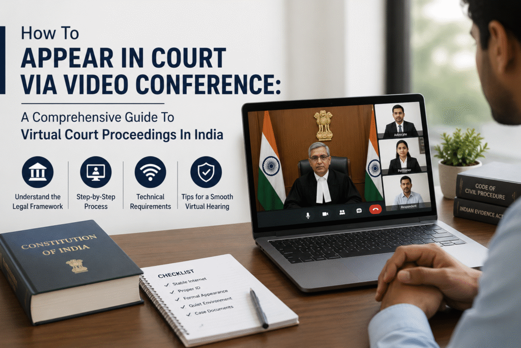 Professional landscape illustration showing a person attending an Indian virtual court hearing on a laptop via video conference, with a judge and participants visible on screen, alongside legal books and a checklist for online court proceedings.