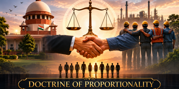 Illustration representing the Doctrine of Proportionality in Indian labour law, featuring the Supreme Court of India, scales of justice, a handshake between employer and employee, industrial workers, and professionals symbolizing fairness, workplace discipline, and balanced legal decision-making.