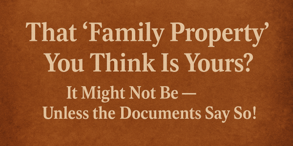 Text-based graphic on a vintage brown parchment background reading: “That ‘Family Property’ You Think Is Yours? It Might Not Be — Unless the Documents Say So!” in bold serif font, centered for clarity and emphasis.