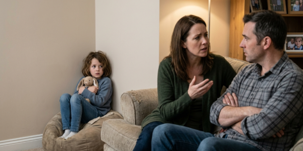 Concerned Indian child sitting quietly in a home environment while parents engage in a tense discussion in the background, highlighting the issue of corporal punishment, child welfare, and family dynamics.